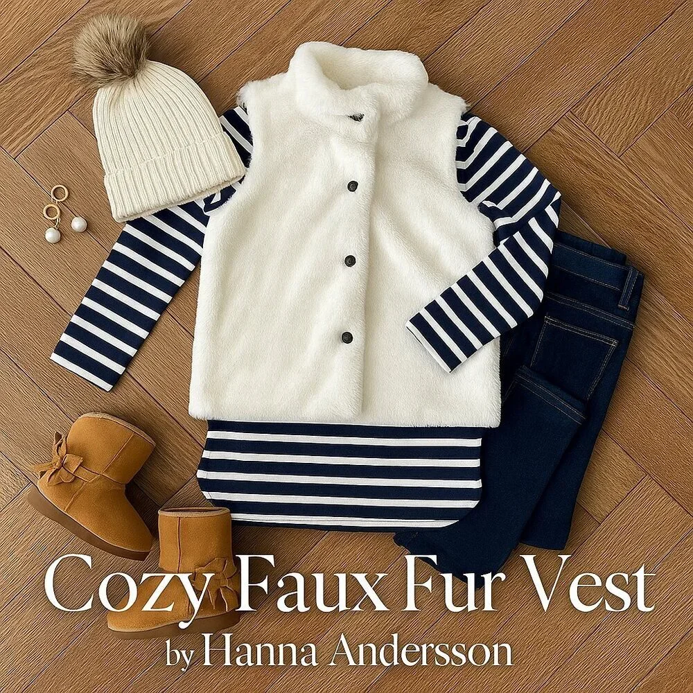 Hanna Andersson Winter White Faux Fur Snap Front Vest Girls Size 12 150cm